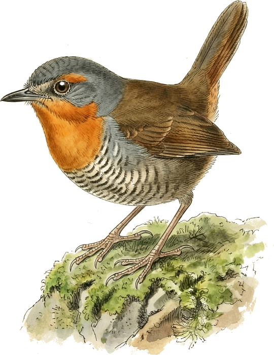 Ilustración de un chucao entre musgo y vegetación.