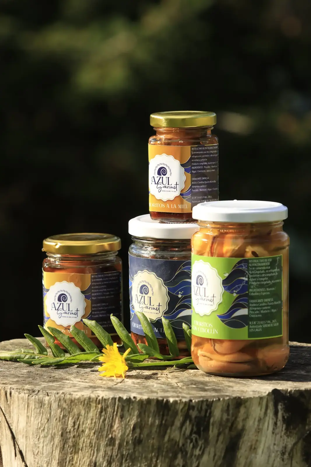 Frascos de choritos con cebollín, a la miel y en aceite, de Azul Gourmet