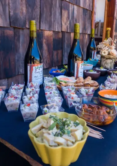 Mesa de degustación con copas de ceviche y botellas de vino Minga
